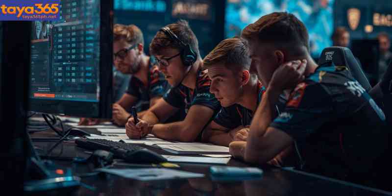 professional esports team analyzing strategy before match